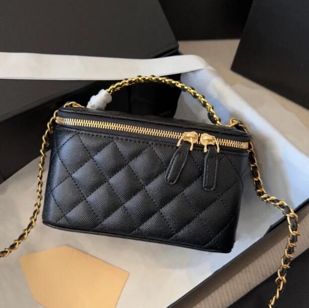 Women's Classic Vanity Box designer mirror makeup bag Portable Shoulder Handle Bag Leather Quilted Cross Gold Hardware Diamond Grid Suitcases L