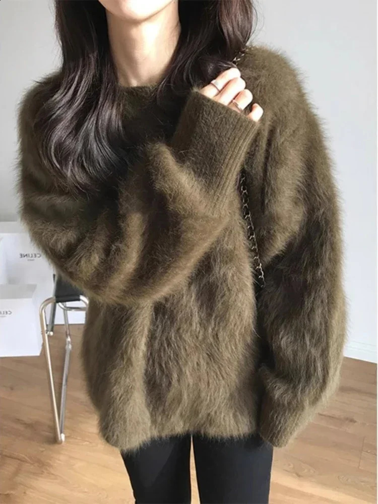 Autumn Winter Mink Fleece Sweater Womens Knitted Pullovers Thick Loose Casual Outerwear Solid O Neck Oversize Jumper 241223Z