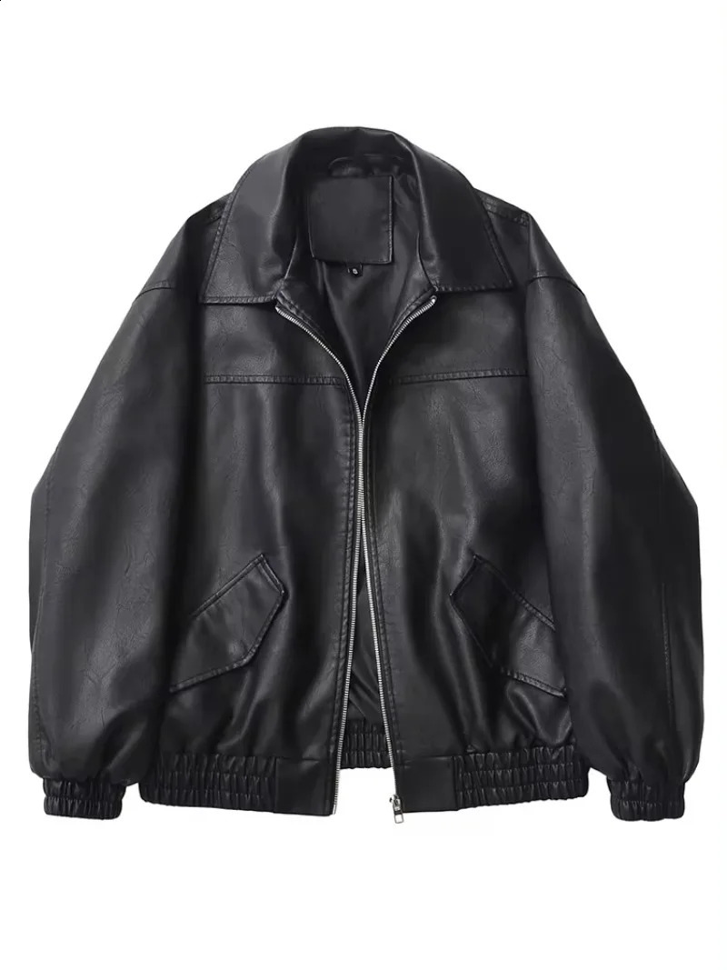 American Y2K Fashion Trend Joker Solid Color PU Leather Jacket and Coat Women Street Hip Hop Vintage Loose Unisex 241223Z