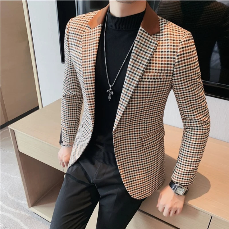 2024 Autumn Winter Korean Houndstooth Blazer Jackets Fashion Color Matching Lapel n Casual Mens Plaid Suit Coat Tuxedo 241230Z