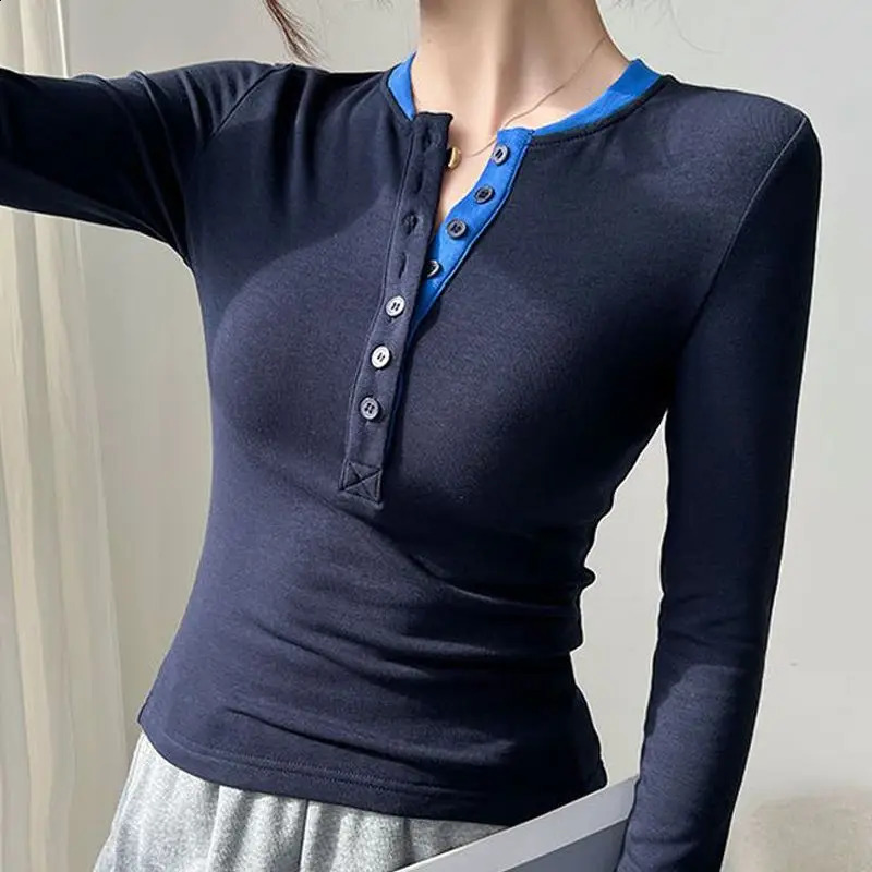 Color Blocking Splicing Long Sleeved T-shirt Womens Spring and Autumn Winter Style Base Shirt Top 241224