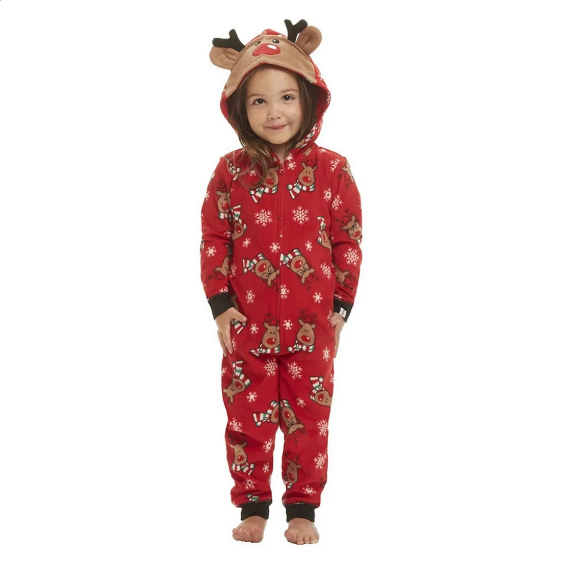 2024 Winter Kids Clothing Set Cartoon All Over Print Christmas Pajamas Elk Ear Hooded Zipper Romper Boys Girls Children Jumpsuit 241226