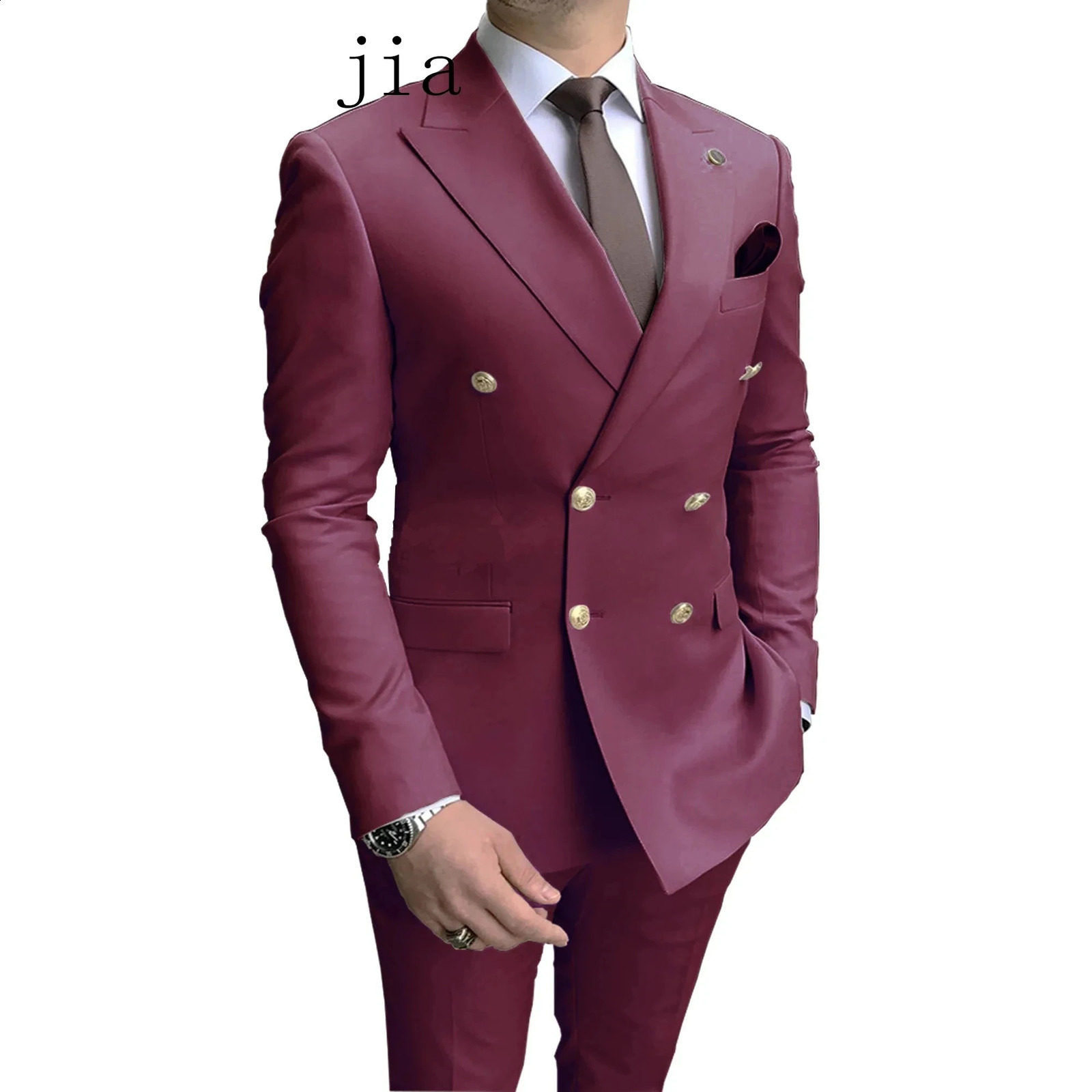 2023 Casual Sky Blue Men Suits Double Brested Lapel Gold Button Groom Wedding Tuxedos 2 Pcs Blazers Jacket Pants Set 241223Z