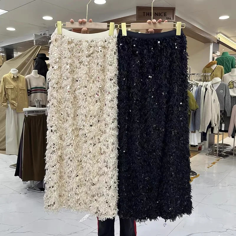 Elegant Feather Long Skirts Women Korean Fashion High Waist Sequined Skirt Vintage A-Line Party Skirts Jupe Femme 241230