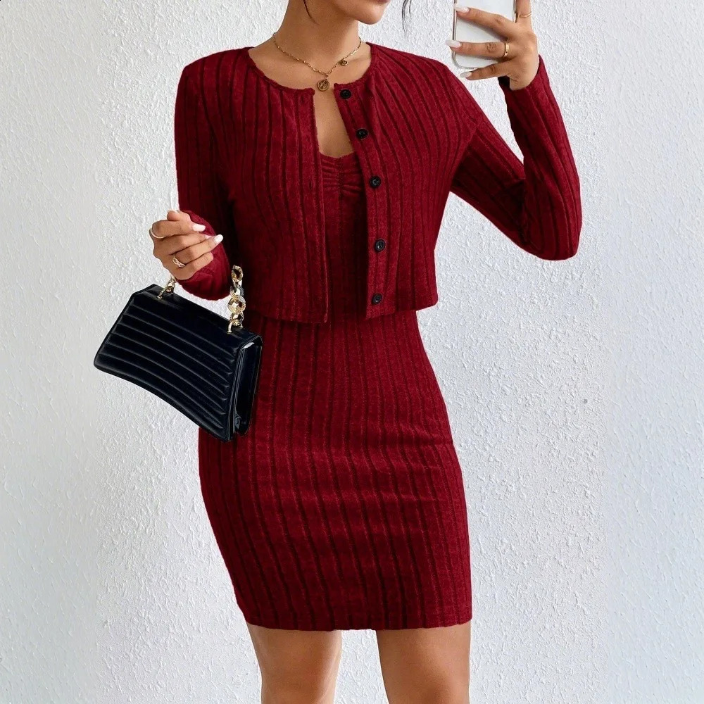 2025 Spring Autumn Women Knit Clothing Set Ladys Solid Color Slim Fit Sweater Dress Cardigan Womens Two Pieces 241220Z