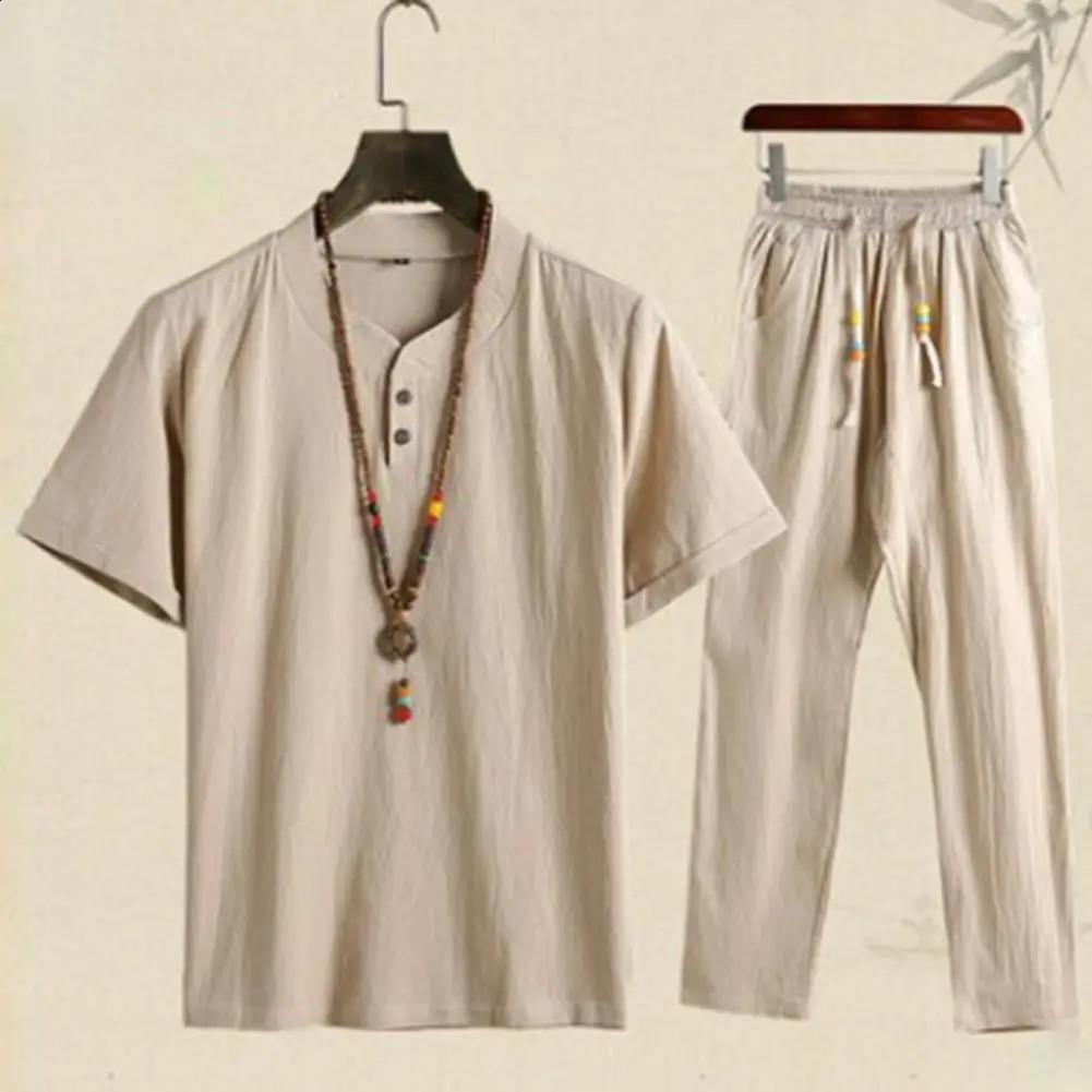Summer Fashion Men Shirts Trousers Set Cotton And Linen Short Sleeve Mens Casual Top Pants Outfit M4XL 241223Z