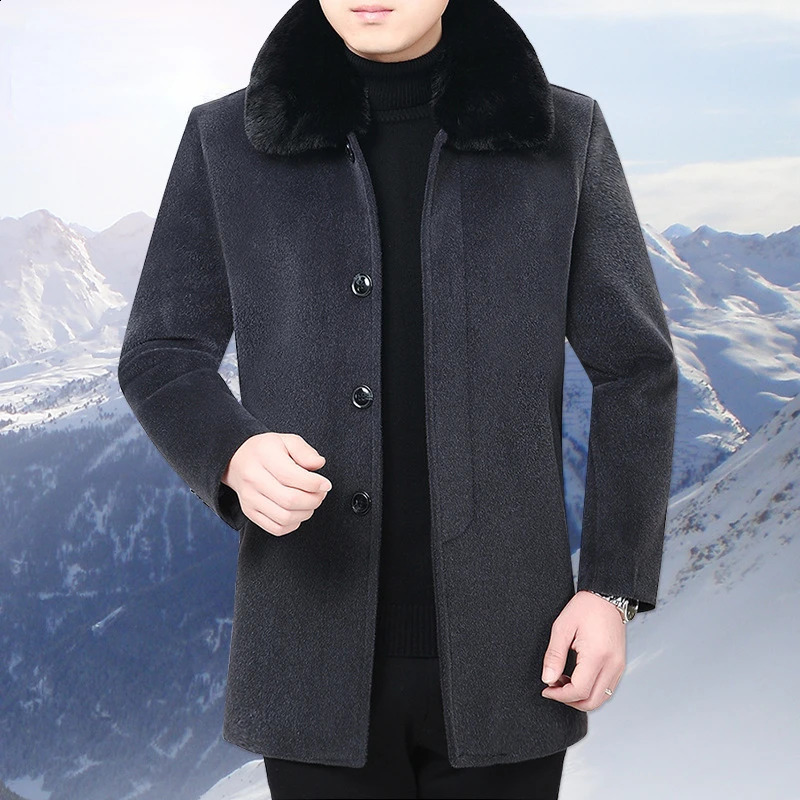 Winter Men Faux Fur Collar Long Sleeve Woolen Coat Button Up Warm Thick Oversize Jacket 3xl 4xl Blue Gray Casual Windbreaker 241223Z