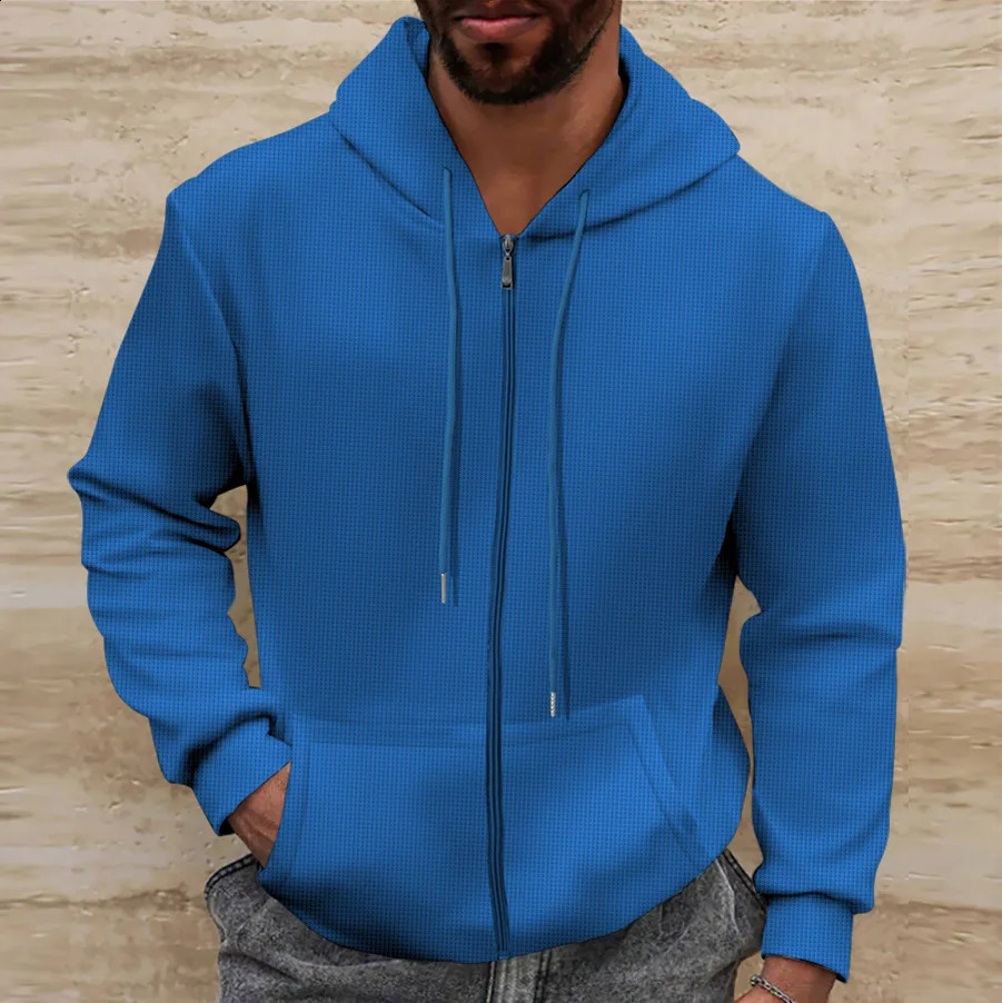Mens spring and autumn casual threedimensional patch bag Waffle zipper solid color pocket long sleeve jacket fashion hoodie 241224Z