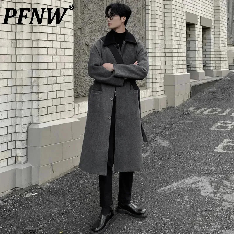 PFNW Autumn Winter Colorblock Patchwork Korean Trendy Woolen Coat Mens Thick Single Breasted Knee Length Grey Tweed 12C1403 241224Z