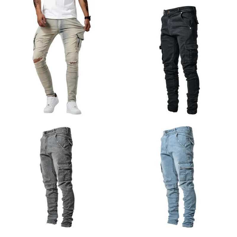 Autumn and winter new mens clothing solid color elastic multi bag tight pants ultra-thin denim cargo pants W241231