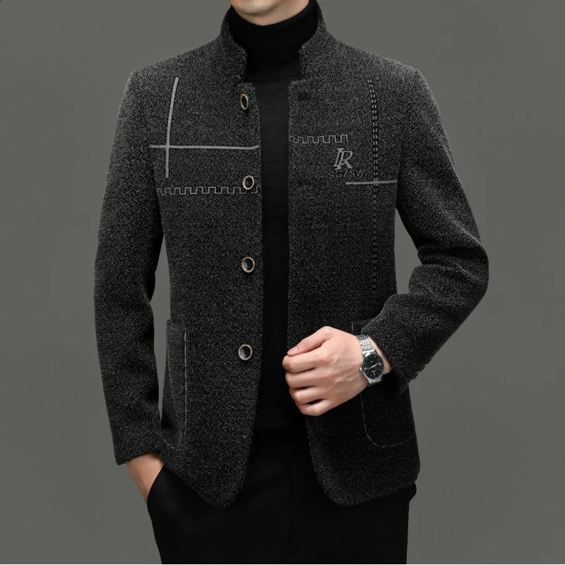 Fashion Casual Korean Business Young Mens Thick Woolen Coat Stand Collar Gold Sable Positioning Flower Craft Tweed 241224Z