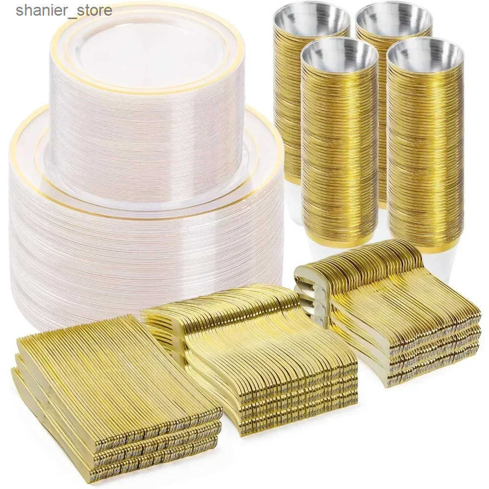 Disposable Dinnerware 600 Piece Gold Plastic Dinnerware Set 100 Guests Dinner Plates Dessert Plates Cups Spoons Forks and Knives for Party CL2502-image-1040060559
