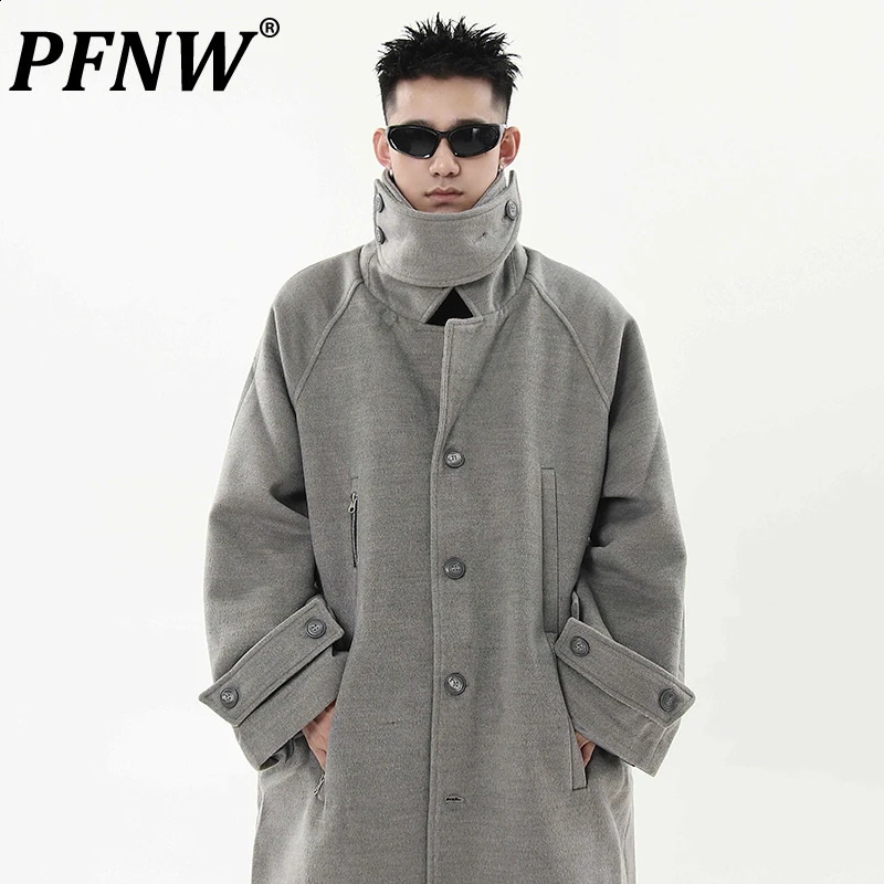 PFNW Vintage Highemd Gray Detachable Stand Collar Tweed Coat Mens Loose Silhouettes Long Casual Woolen Overcoat CPG2233 241224Z
