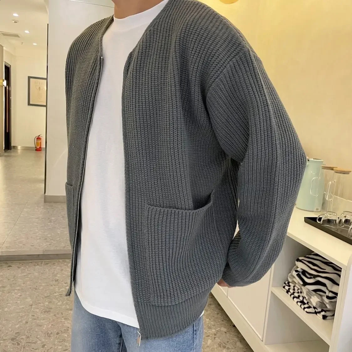 Man Clothes Casual Cardigan Knitted Sweaters for Men Solid Color with Pockets Crewneck Zipup Round Collar Plain Zipper Order S 241228