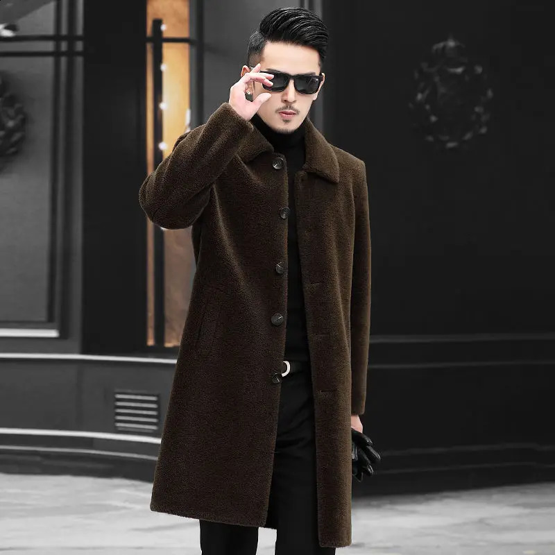 Mens Winter Fashion Long Sheep Shearling Coats Male Lapel Genuine Lamb Fur Jackets Men Single Breasted Warm Outerwear N05 241223Z