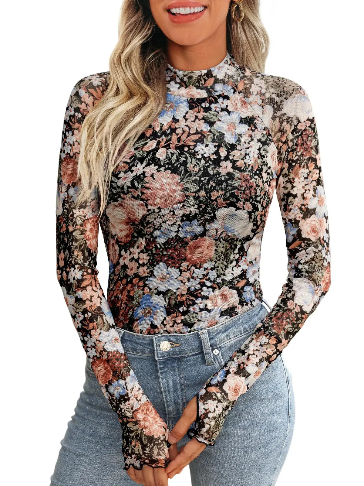 Women Fashion Autumn Mesh O Neck Long Sleeved With Thumb Hole Shirt Top Elegant Print Slim T Tops 241230 2c
