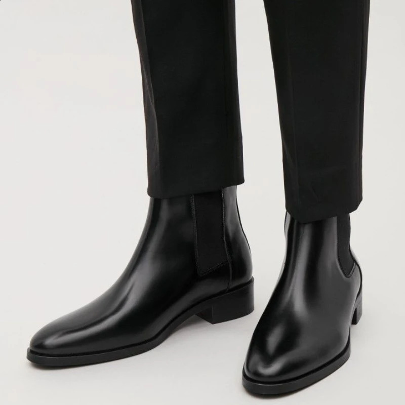 Real Leather Men Chelsea Boots Winter Handmade Cowhide Black Business Casual Classic Midheel Botas Motociclista 241230