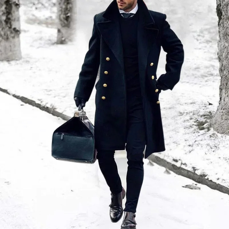 Men Autumn Winter Tweed Coat Solid Color Long Sleeve Turndown Collar Button Casual Warm Fashion Comfortable Regular Standard Fit 241224Z