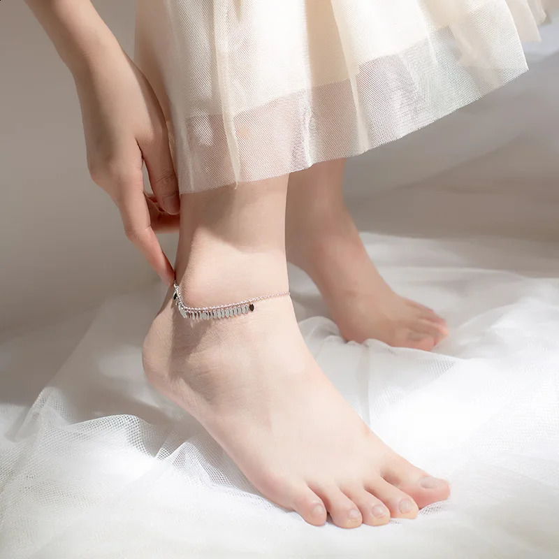 MloveAcc 100% 925 Sterling Silver Bracelet Jewelry Oval Leaves Tassel S925 Anklet Chain Birthday Gift for Girls Lady 241226