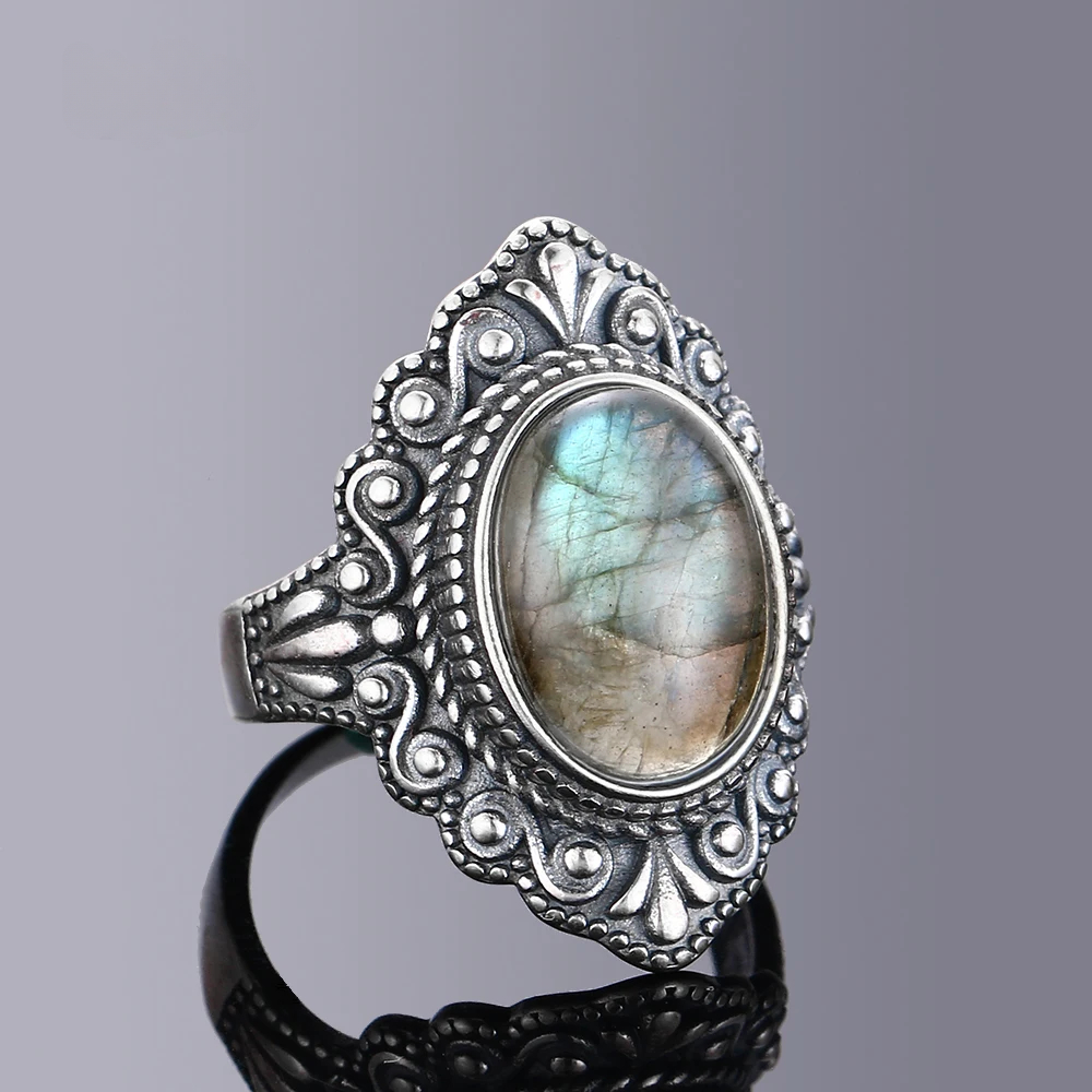 Oval Natural Labradorite Rings for Women Men S925 Silver Ring Finger Ring Retro Gemstone Rings Jewelry Party Gift