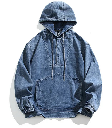 spring mens hoodie Japanese retro denim half jumper neutral casual hooded coat men size 2XL 240627