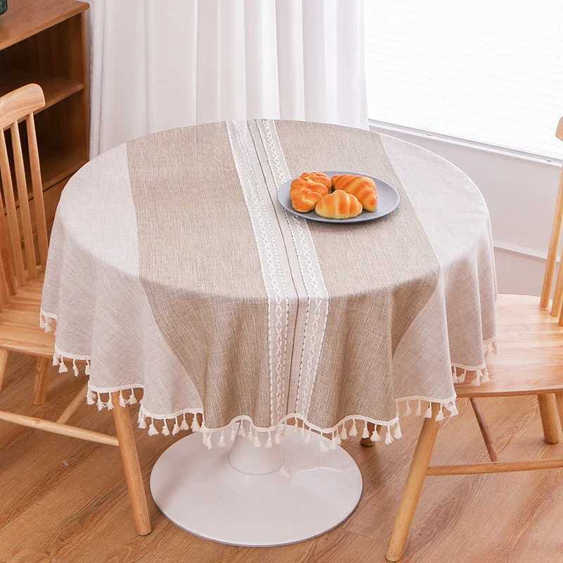 Table Cloth Grey Stripe Round Tablecloth Cotton Linen Lace Tassel Dustproof Tables Cover Wear-Resistant Thicken Mat Wedding DecL260524-image-998568660