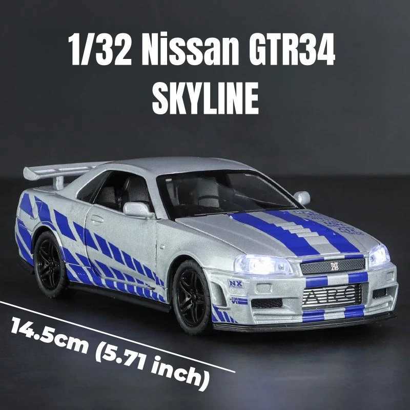 Diecast Model Cars 1/32 Nissan GTR34 Skyline GTR Toy Car Model Diecast Racing Miniature Model Sound Light Pull Back Collection Gift Children Boy-image-998560194