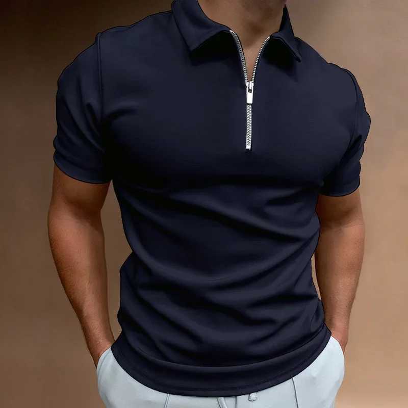Men's Polos Summer Mens Solid Color Polo Shirt Short Sleeve Turn-Down Collar Zipper Tshirts for Men Casual Streetwear New Male Tops S24726-image-998570634