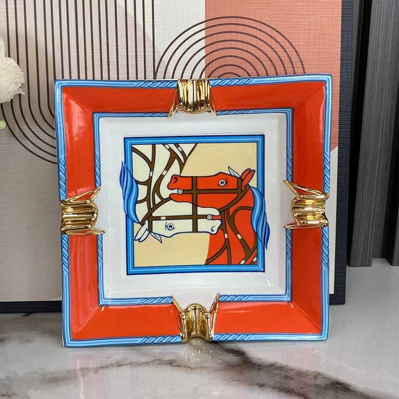 Ashtrays European style luxury grid fashion ceramic cigar gray horse pattern design cigar tray tool home hotel decoration gift S24716-image-998243496