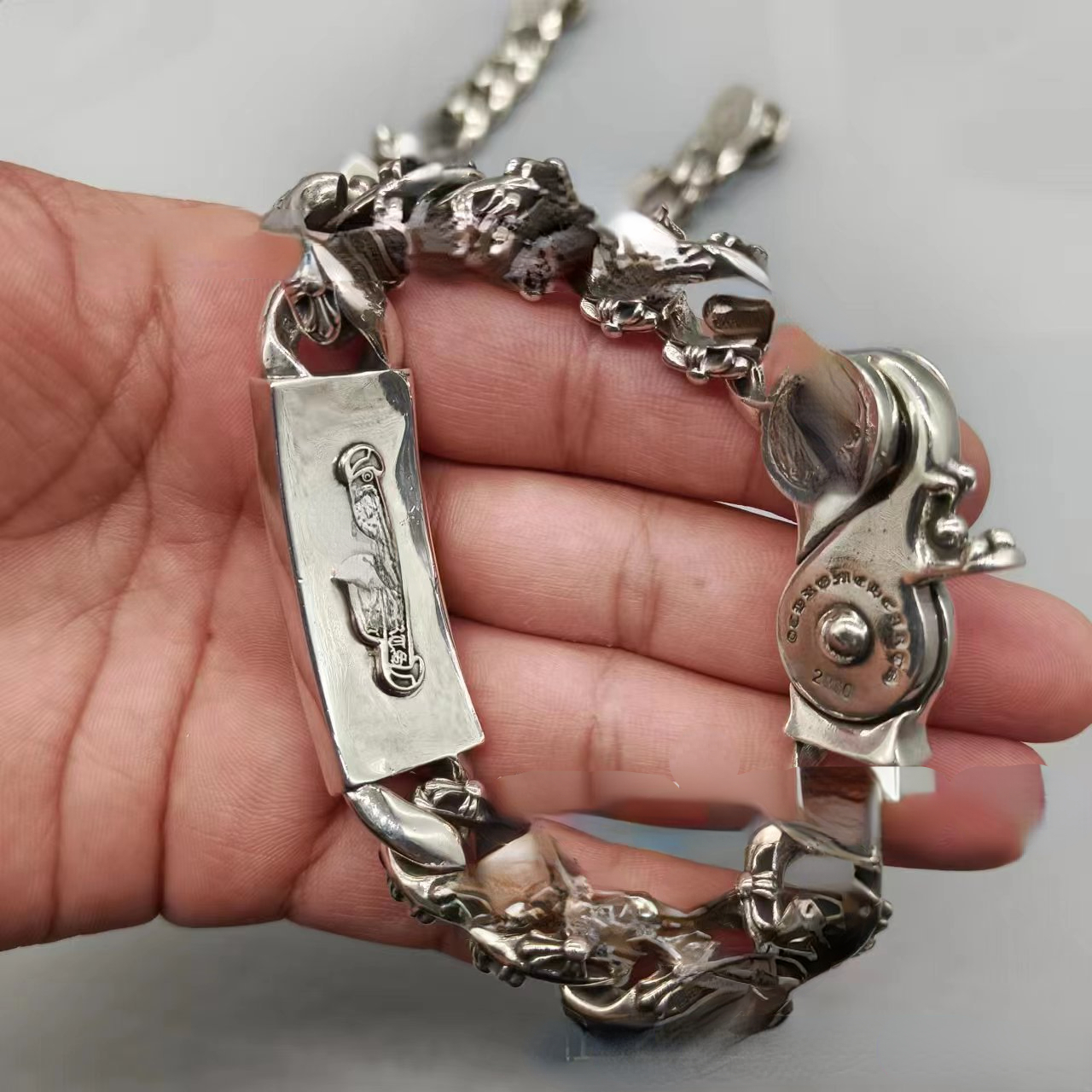 New Silver Plated Charm Bracelets Retro Thick Chain Cross Flower Trend Men Fashion Design Chain-image-998484502