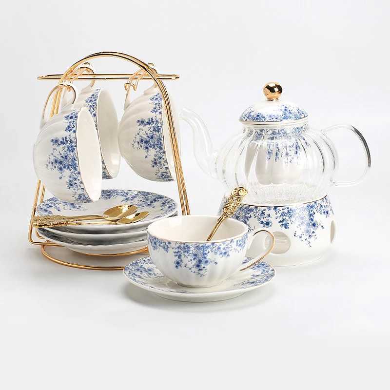 Coffee Tea Sets British style afternoon tea set floral tea pot candle heated glass tea pot blue and white porcelain coffee cup and sauce y240701-image-1097828126