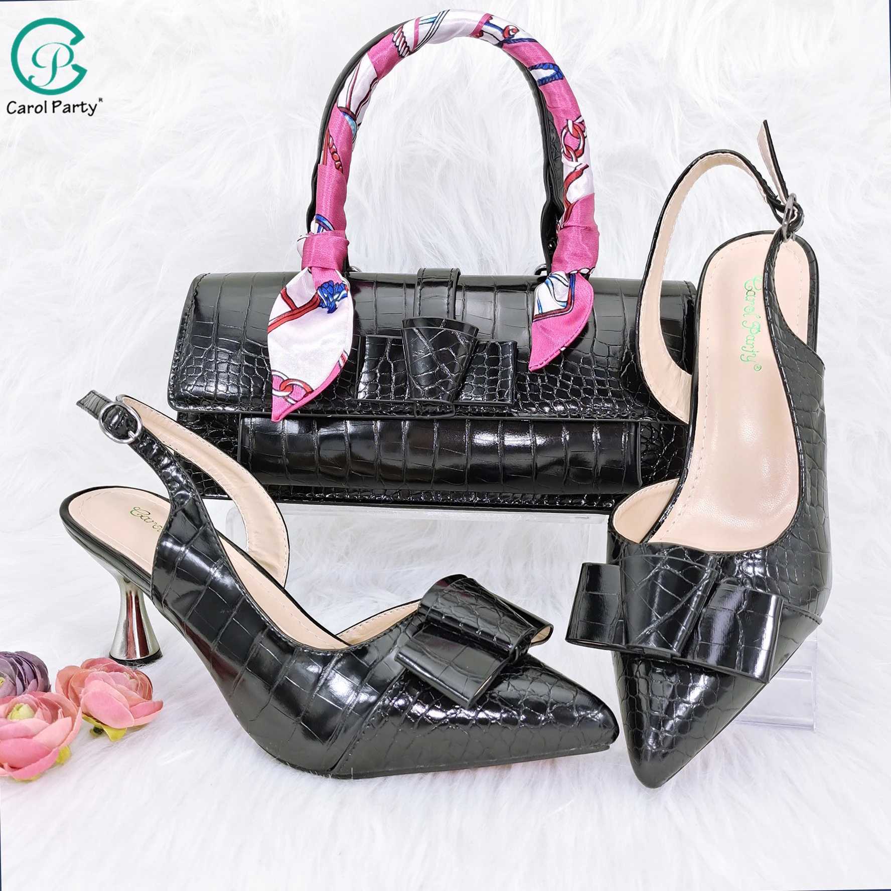 Dress Shoes New Italian Design Mirrored Leather Fabric Bow Embellishment Ribbon Handle Pointed Toe High Heels And Bag Set H240702-image-998606132