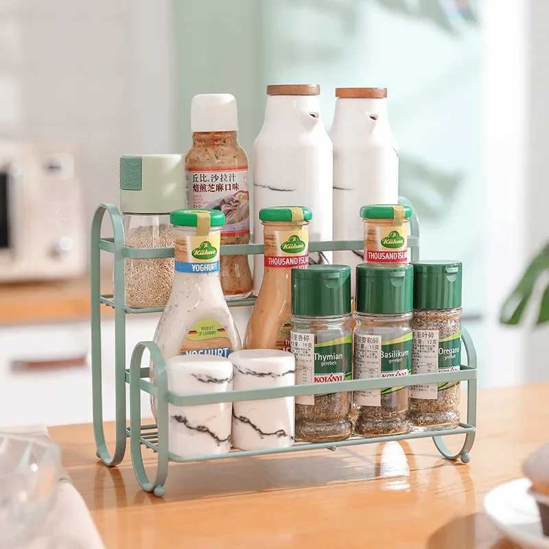 Utensil Racks Metal Kitchen Spice Rack Seasoning Bottles Holder 2 Tier Condiment Pot Organizer Shelf Tableware Draining Kitchenware Rack S247307-image-998894046