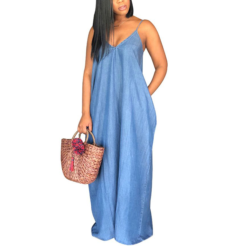 Fashion Femmes Jean Robes décontractées lâches Boho Backless Summer Long Long Denim Maxi Robe sans bretelles plus taille S-3XL