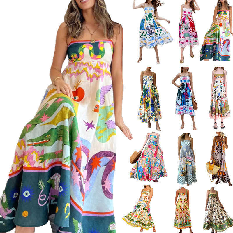 Two Piece Dress 2024 Summer Women's New Elegant High-waisted Print Halter Casual Fashion Dress T240703-image-864605676