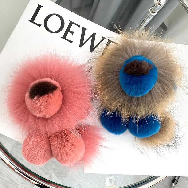Plush Keychains Cute Lion Real Rex Rabbit Fur Keychain Plush Toys Trinkets Women Bag Ornaments Pendant Car Keyring Rearview Mirror Decoration-image-998983007