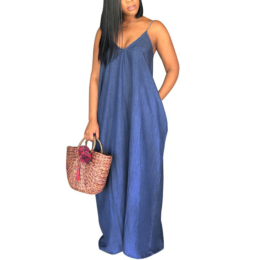 Women Summer Spaghetti Strap Casual Dresses Denim Deep V Neck Loose Maxi Dress Sleeveless Plus Size
