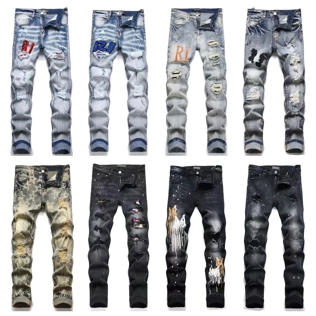 Designer AM Trendy Brand Network Celebrity Mens European and American High Street Perforated Letter Embroidered Jeans Slim Fit Small Foot Pants M-image-998996367