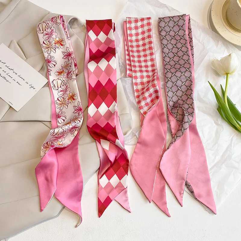 Scarves Pink linen bag silk scarf suitable for women 7 * 130cm fashionable print soft satin hair crafted neckline womens bow tie hair tie y240704-image-999253230