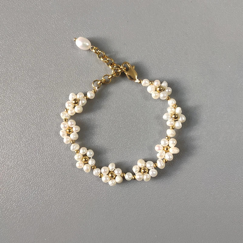 Handmade Natural Pearl Gold-color Stainless Steel Bead Bracelet Creative Exquisite Flower Bangle Valentines day gift for girls 240702
