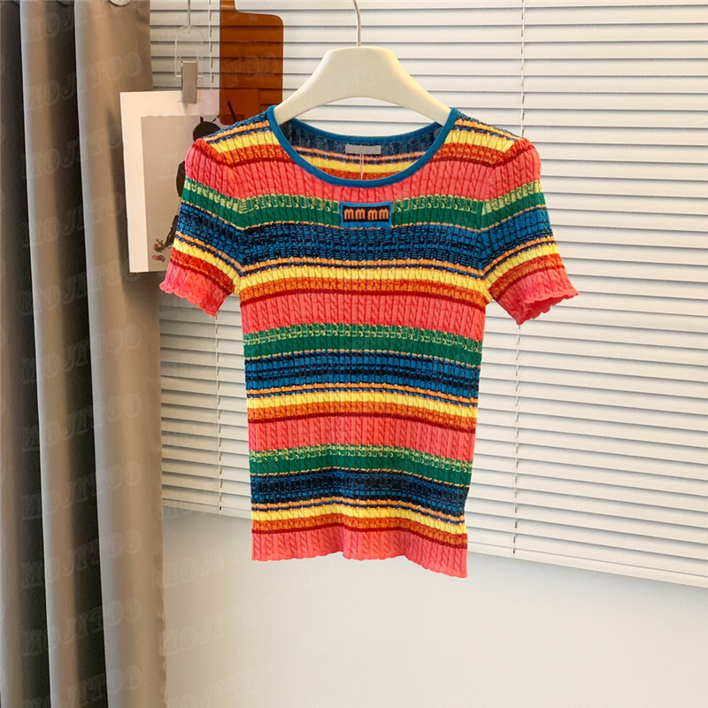 Rainbow Stripes Knit T Shirts Tees Womens Designer Knitted Sweater Short Sleeve Knits Tops Fashion Tshirt Summer Wear