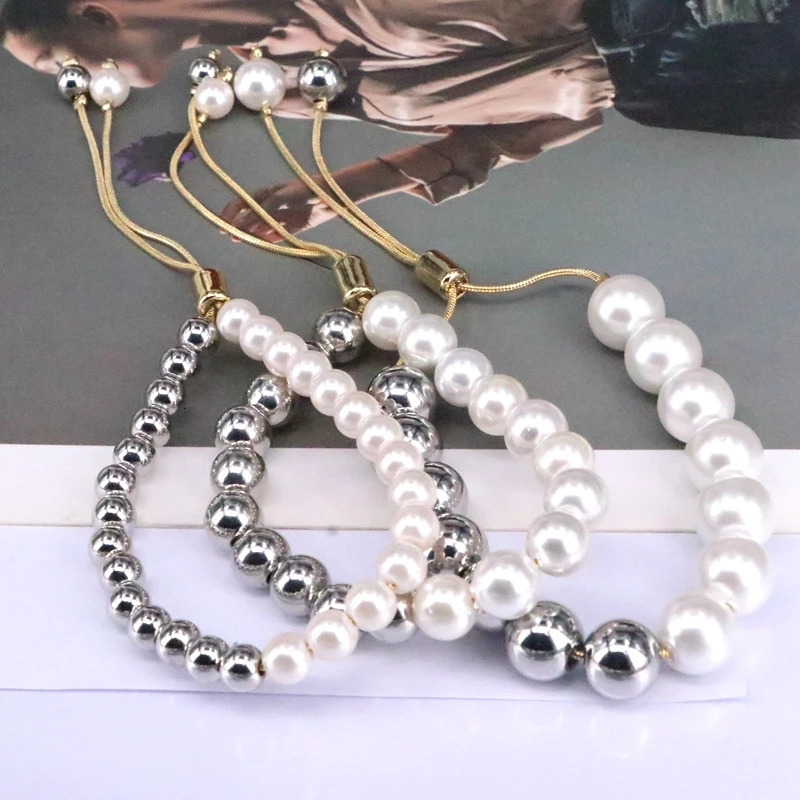 5Pcs Fashion Round Pearl Shell Charm Bracelets Bangles Elegant Ladies Silver Color Beaded Bracelets Adjustable Jewelry 240702