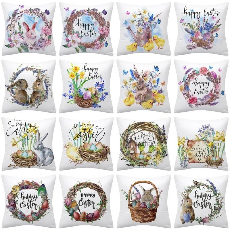 Pillow Sunday Easter Decorative Cover 45x45cm Colorful Egg Wreath Printed Farmhouse Home Decor Pillowcase-image-999395962