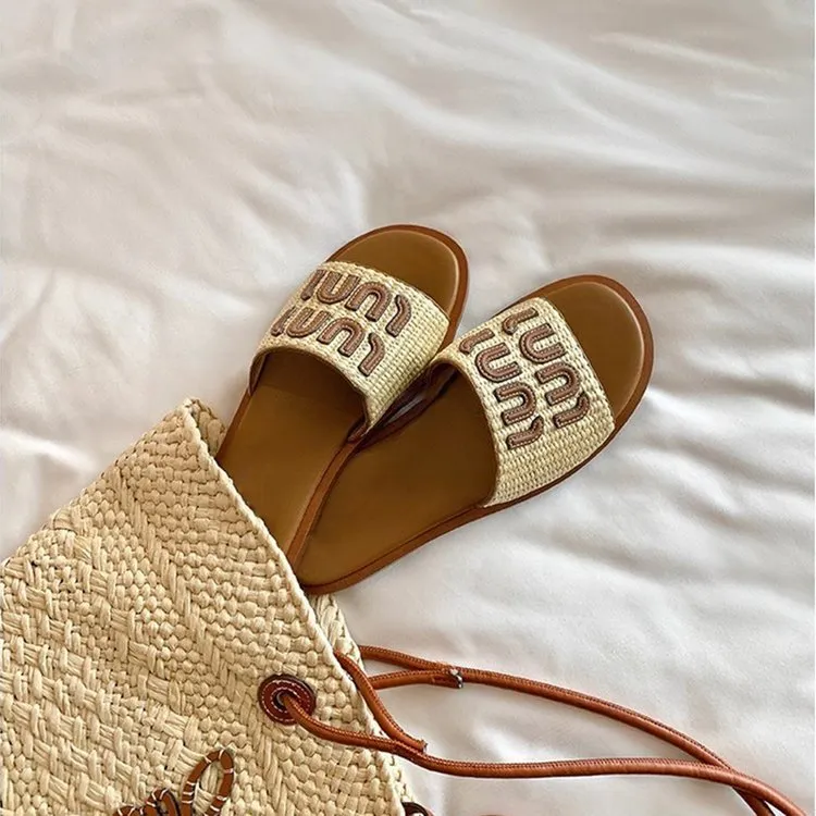 Women Woven Flat Slippers Straw Fashion Beige Woman Casual Sandal Pool Beach Shoes-image-999572242