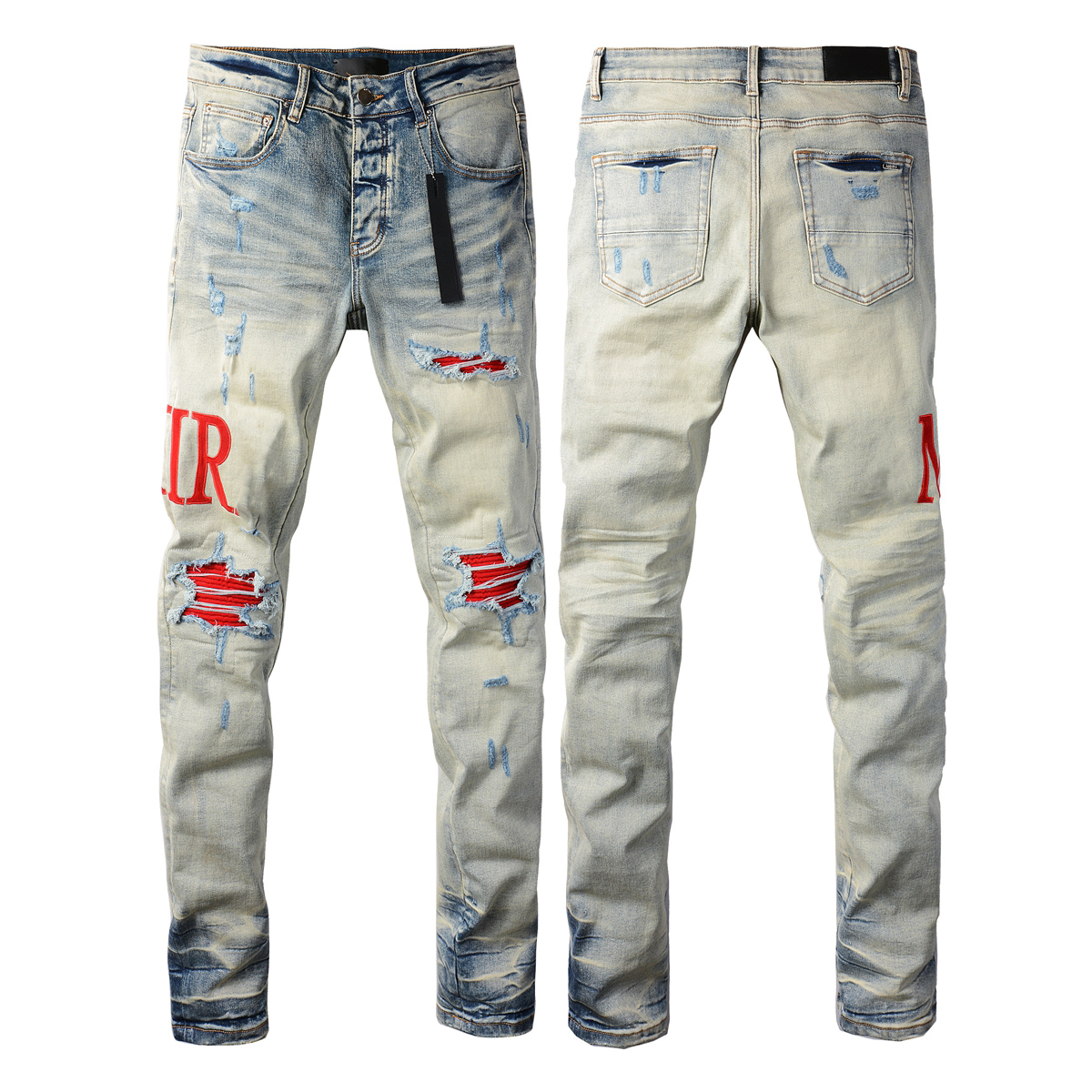 AM Shirts Men's Designer Jeans High Quality Streetwear Embroidered Pants Women's Ripped Patch Hole Denim Fashion Brand Slim Fit 0F0