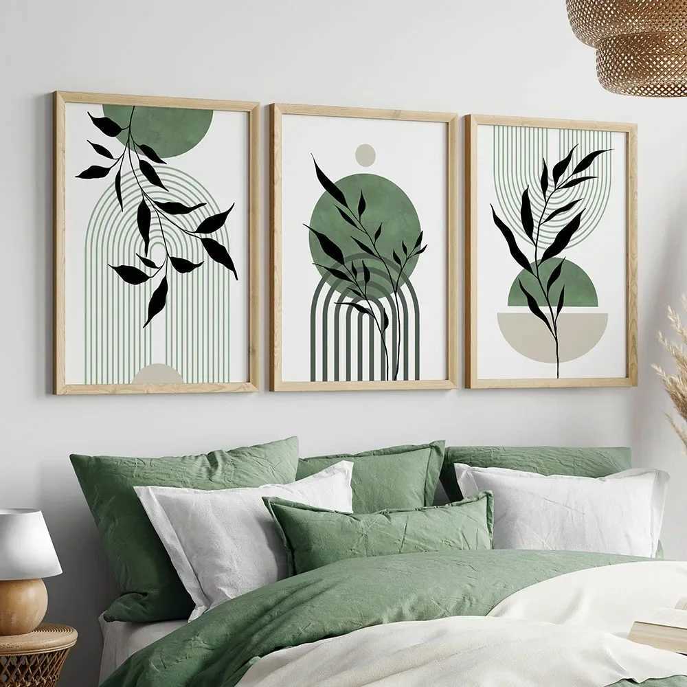 Paintings Triptych Bohemian Green Wall Art Geometric Minimalist Leaf Abstract HD Canvas Poster Prints Home Bedroom Living Room Decor Gift L260603-image-999832405