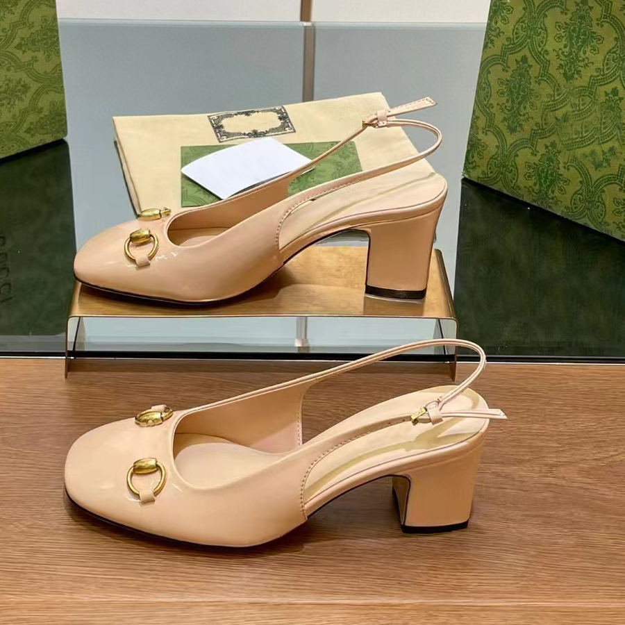Summer Luxury Designer Sandals Thick Heel Casual Slingbacks Ankle Strap Buckle Leather Metal Buckle Decoration Women Mid Heel Party Dress Shoes