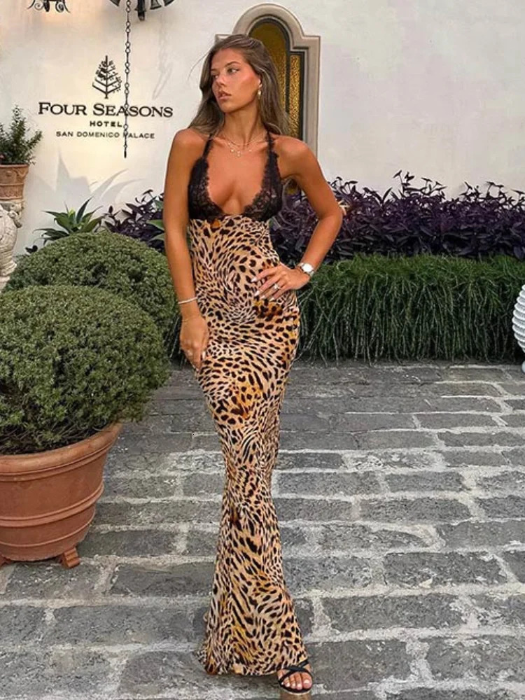 Sexy lace leopard print dress for womens fashion deep V-neck patch work strap dress for 2024 summer womens fashion party evening dress 240626