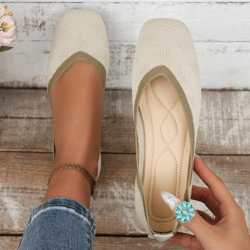 Casual Breathable Ballet Flats Womens Square Toe Solid Color Knitted Slip on Flat Shoes Loafers Women Q2 7139