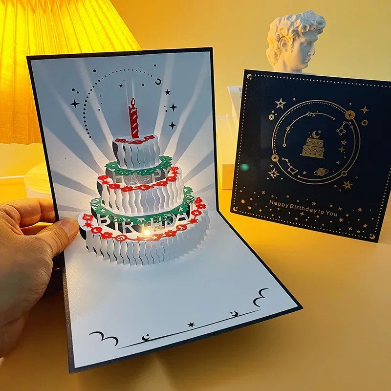 3D Birthday Cake Happy Birthday Card sic Light Greeting Card with Up Happy Cards Decorations Creative Girl Gift 240704 K260318-image-1098005530
